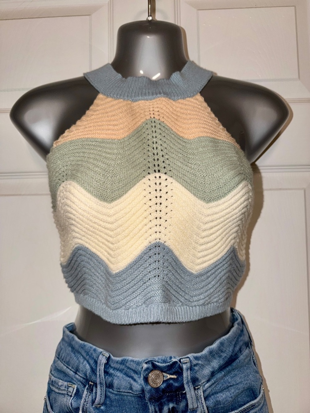 MABLE Chevron Halter Sweater Crop Top in Blue, Cream & Sage